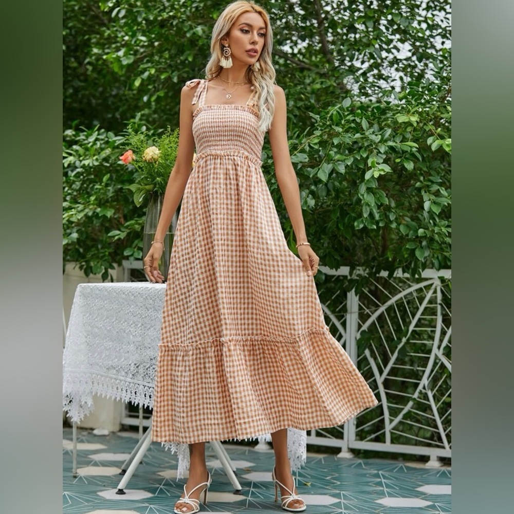 Tan Gingham Midi Dress